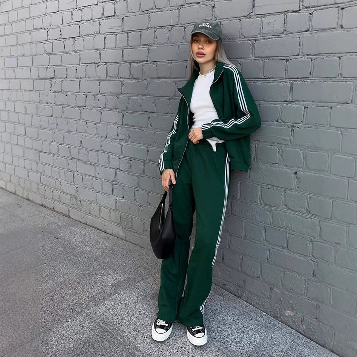 Damen sportlicher Velours-Sportanzug mit hohem Kragen und elegantem Reißverschluss Drune