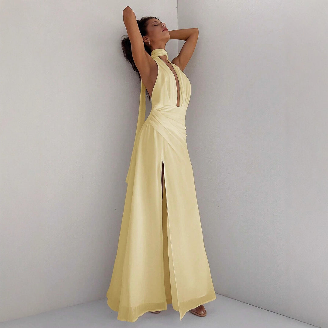 Damen Maxi-Kleid mit tiefem V-Ausschnitt und Wickeldesign Drune