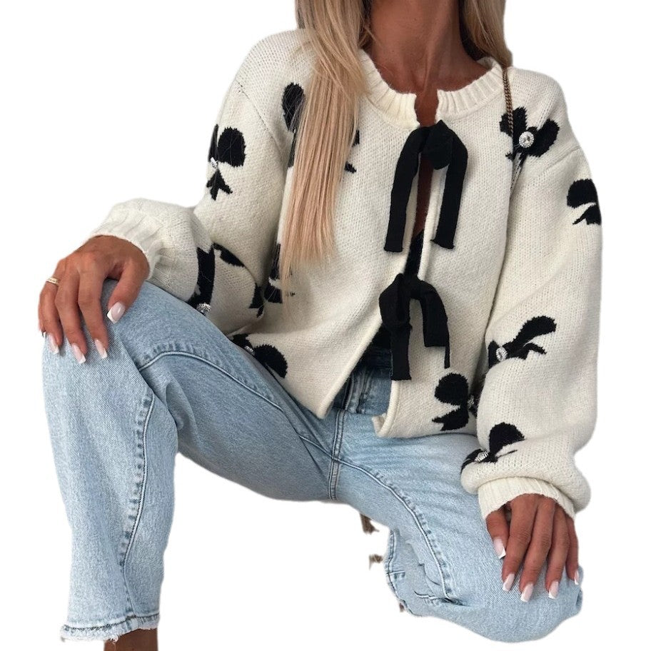 Damen Strickjacke mit dekorativen Schleifen und glänzenden Akzenten Drune