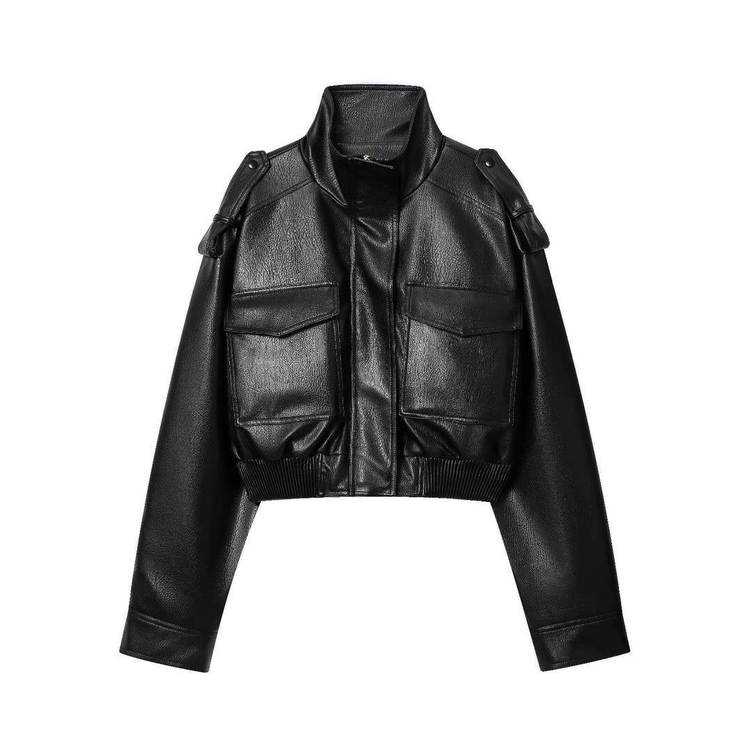 Damen Kurz geschnittene Blousonjacke aus Veganleder mit Schulterklappen und Pattentaschen Drune