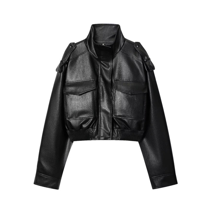Damen Kurz geschnittene Blousonjacke aus Veganleder mit Schulterklappen und Pattentaschen Drune