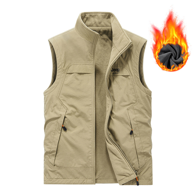 Herren Fleece-gefütterte Outdoor-Weste mit hochschließendem Kragen und Multifunktions-Taschen Drune