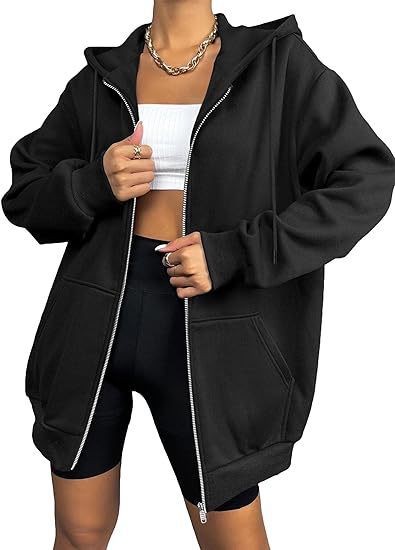 Damen nan oversized Zip-Kapuzenjacke mit kontrastierendem Reißverschluss, doppellagiger Kapuze und Kängurutasche Drune