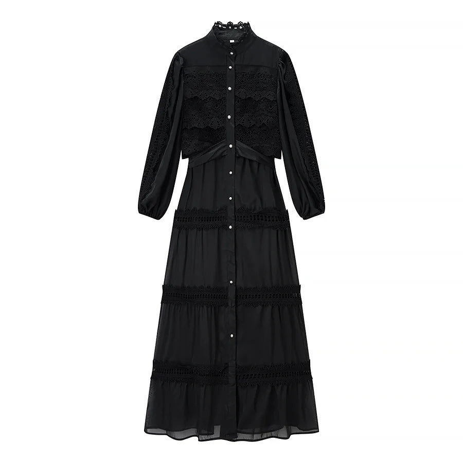 Damen nan romantisches Maxikleid mit Stehkragen, Knopfleiste und gehäkelten Spitzeneinsätzen Drune