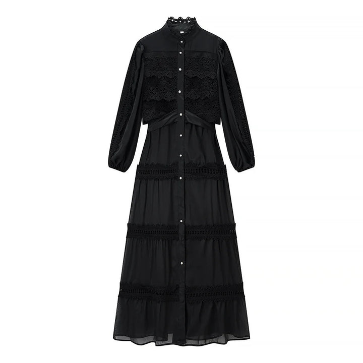 Damen nan romantisches Maxikleid mit Stehkragen, Knopfleiste und gehäkelten Spitzeneinsätzen Drune