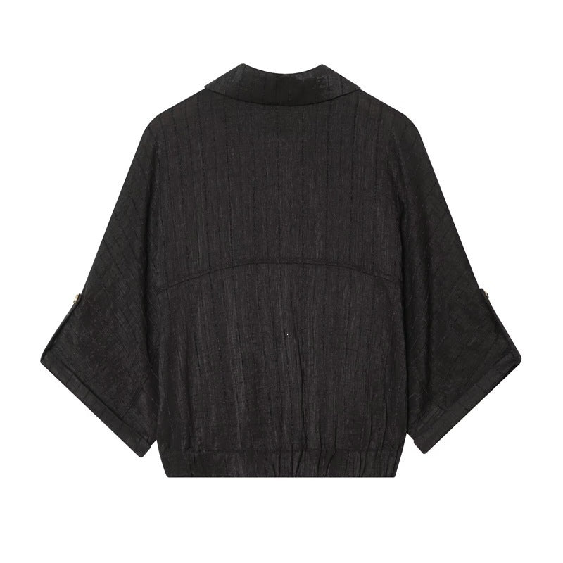 Damen kastige Overshirt-Jacke taillenkurz mit 3/4-Ärmeln und goldknöpfen Drune