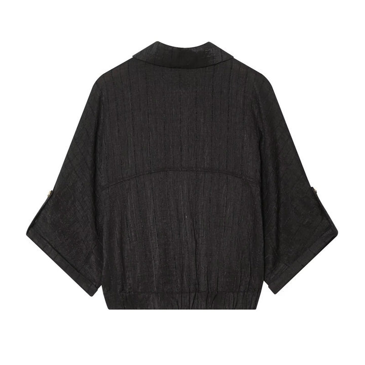 Damen kastige Overshirt-Jacke taillenkurz mit 3/4-Ärmeln und goldknöpfen Drune