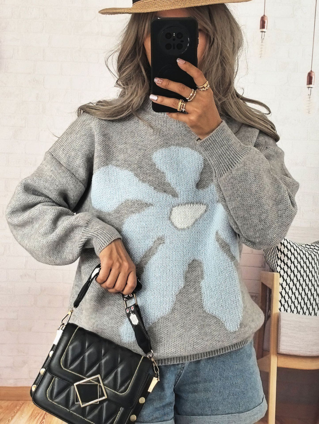 Damen lässiger Strickpullover mit buntem Blumenmotiv und überschnittenen Schultern Drune