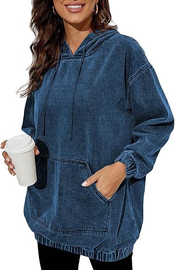 Damen Oversized Kapuzenpullover im Denim‑Look mit Kängurutasche Drune