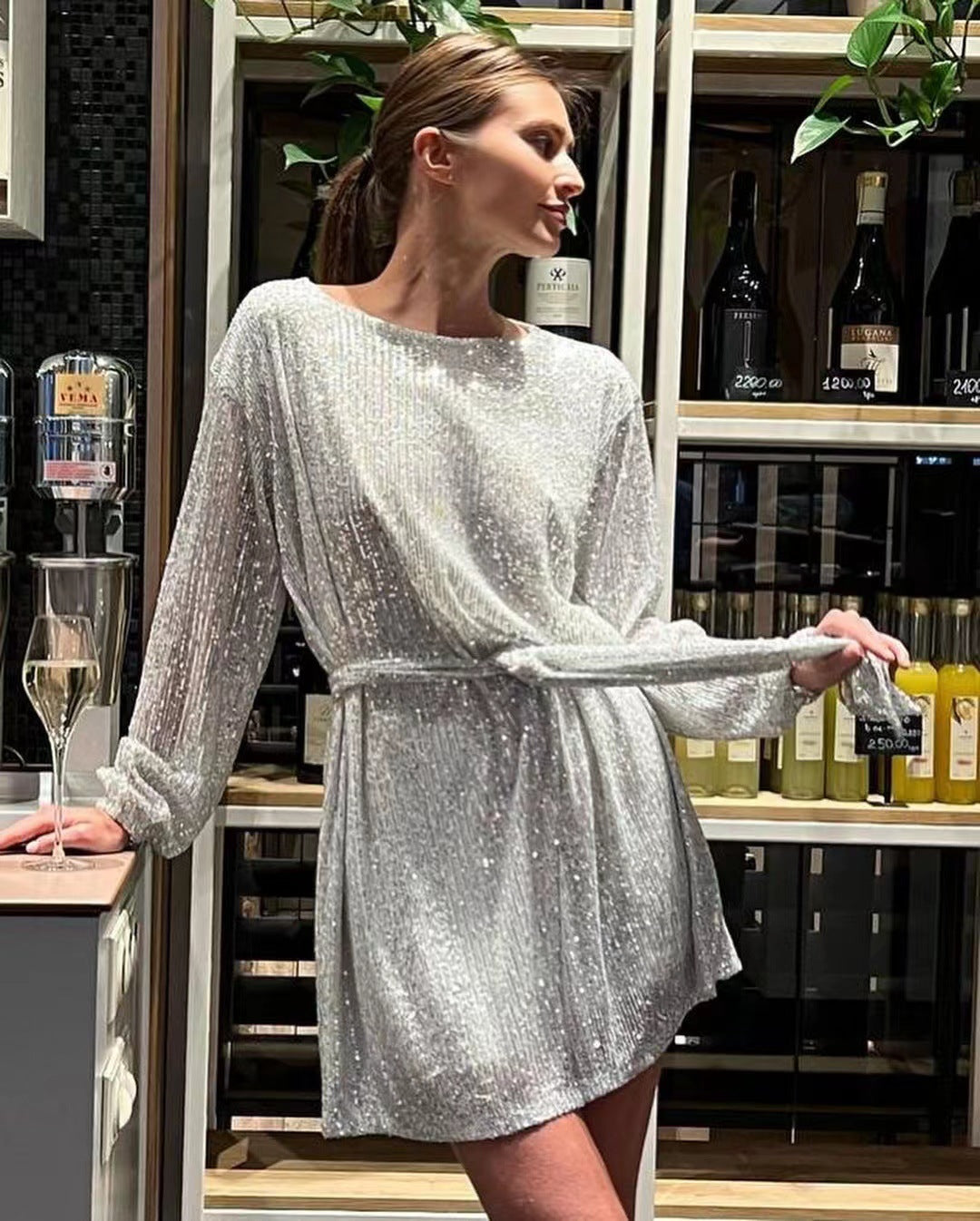 Damen Glamouröses Cocktailkleid mit funkelnden Lurex-Fäden und elastischem Taillengürtel Drune
