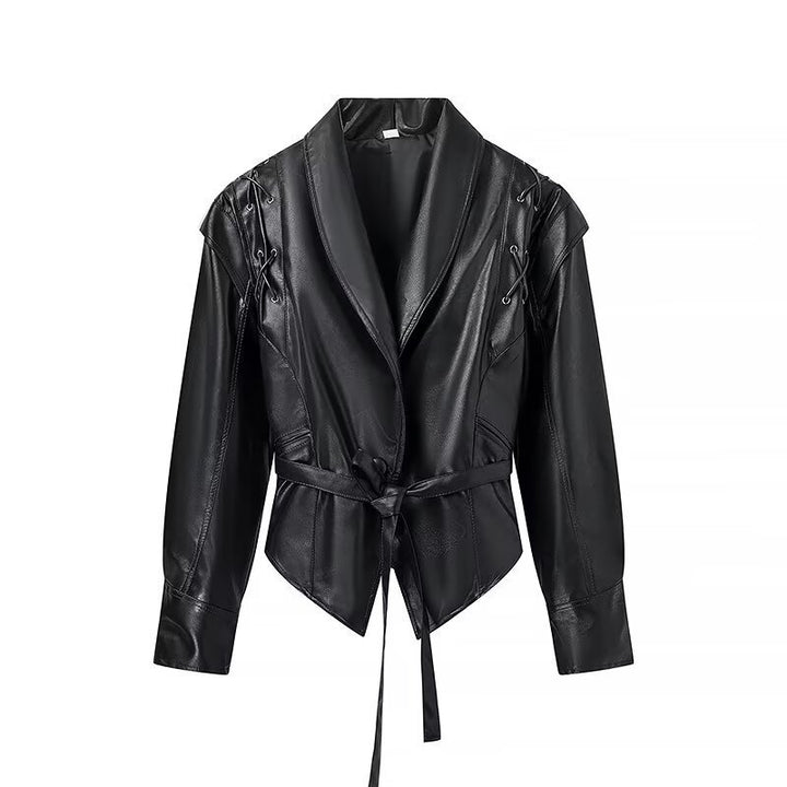 Damen cropped Kunstlederjacke mit wasserdichtem Finish und asymmetrischem Kragen Drune