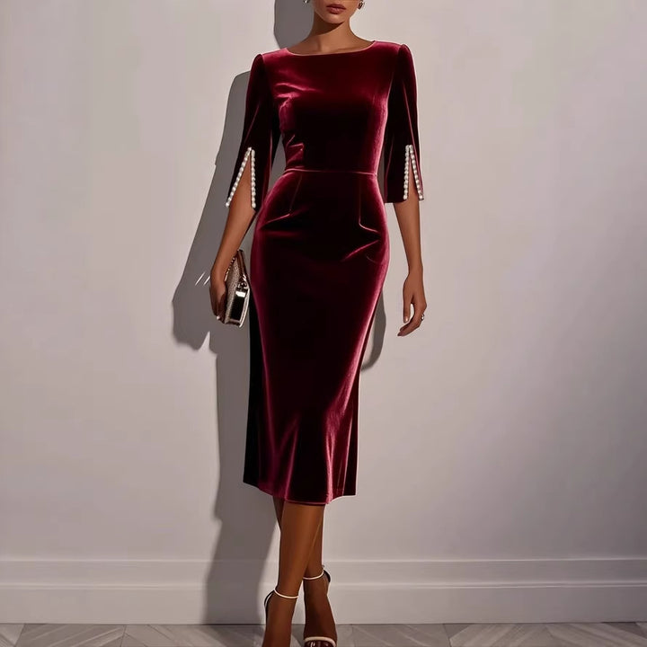 Damen elegantes figurbetontes Samtkleid mit Perlendetails Drune
