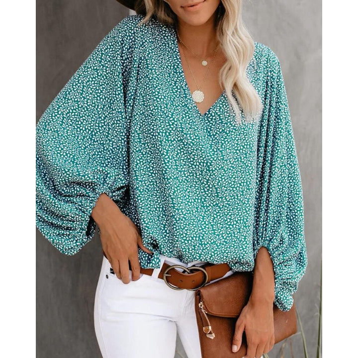 Damen Bluse mit weitem Puffärmel und eleganter V-Ausschnitt Drune