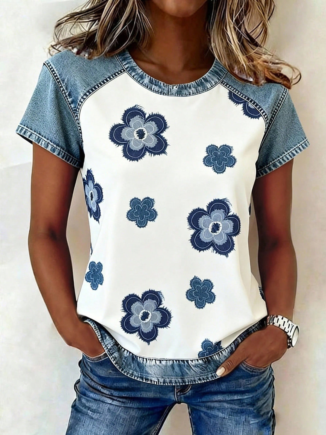 Damen Kurzarmshirt mit Jeans-Einsätzen und Teddy-Patchprint Drune