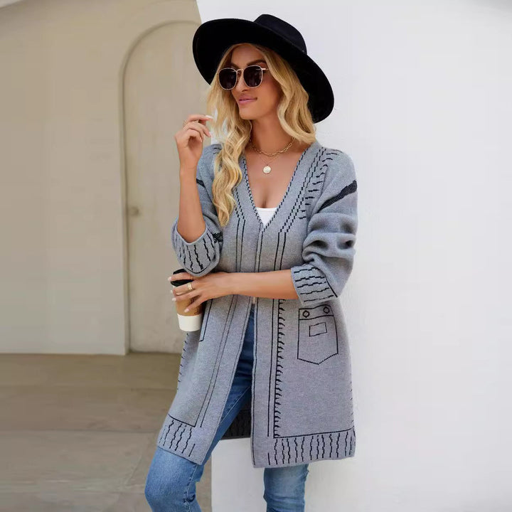 Damen elegante Strickjacke mit tiefem V-Ausschnitt und dekorativen Nähten Drune