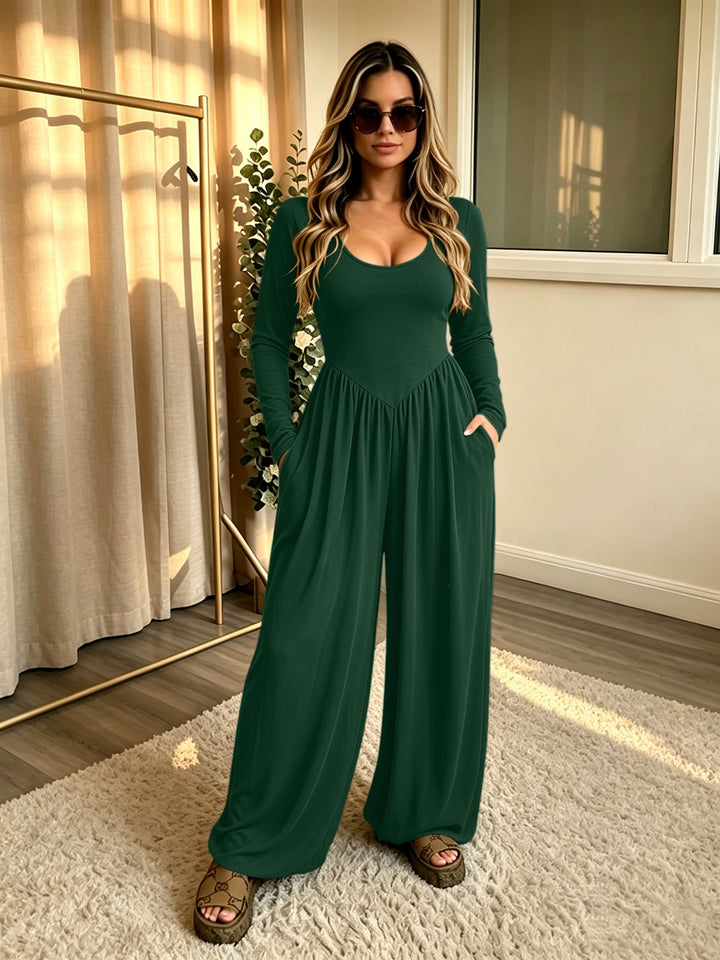 Damen Langer Jumpsuit mit weitem Bein, tiefem Rundhals und Eingrifftaschen Drune