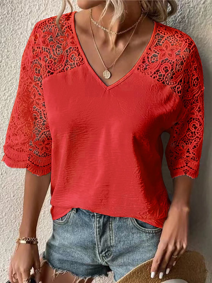 Damen nan V-Ausschnitt-Spitzenbluse mit dreiviertel Häkelärmeln und Knautsch-Optik Drune