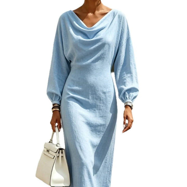 Damen Elegantes Midikleid mit drapiertem Ausschnitt, taillierter Silhouette und Ballonärmeln Drune