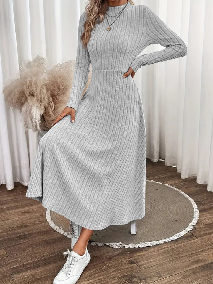 Damen Geripptes Strickmidikleid mit hohem Stehkragen und taillierter A-Linie Drune