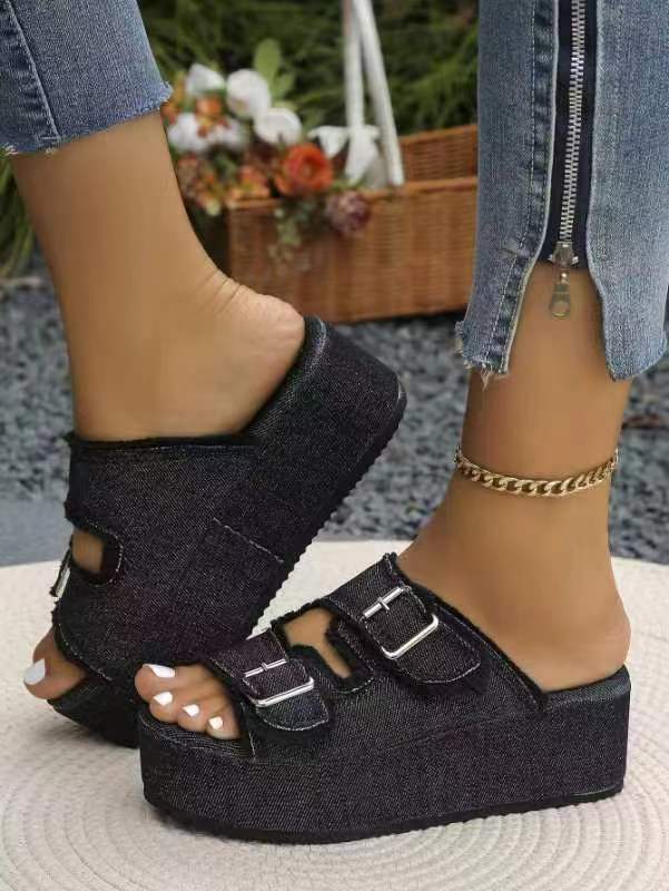 Damen bequeme Plattformsandalen aus Denim mit doppeltem Riemen Drune