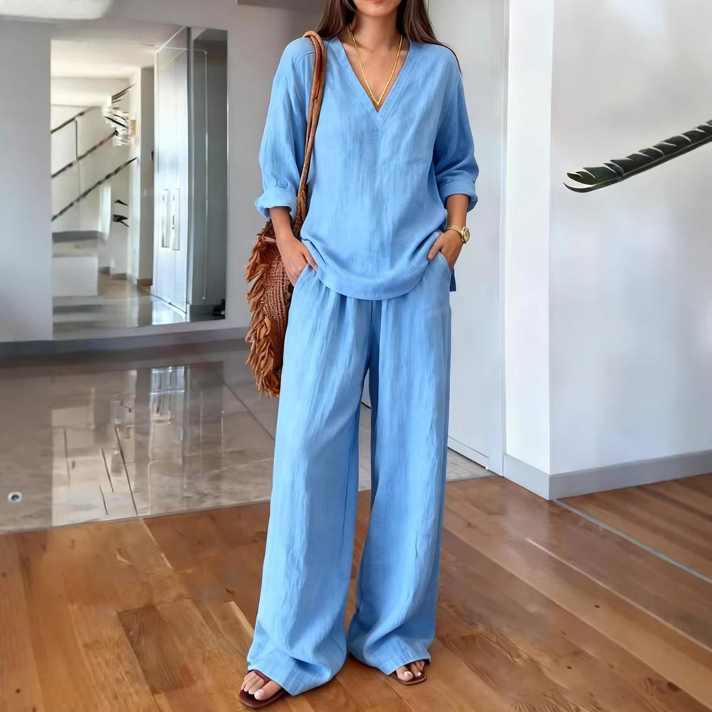Damen Leichte Sommerhose mit weitem Schnitt und V-Ausschnitt Shirt Drune