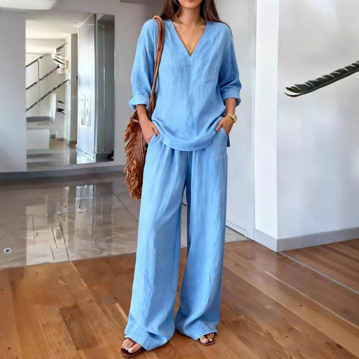 Damen Leichte Sommerhose mit weitem Schnitt und V-Ausschnitt Shirt Drune