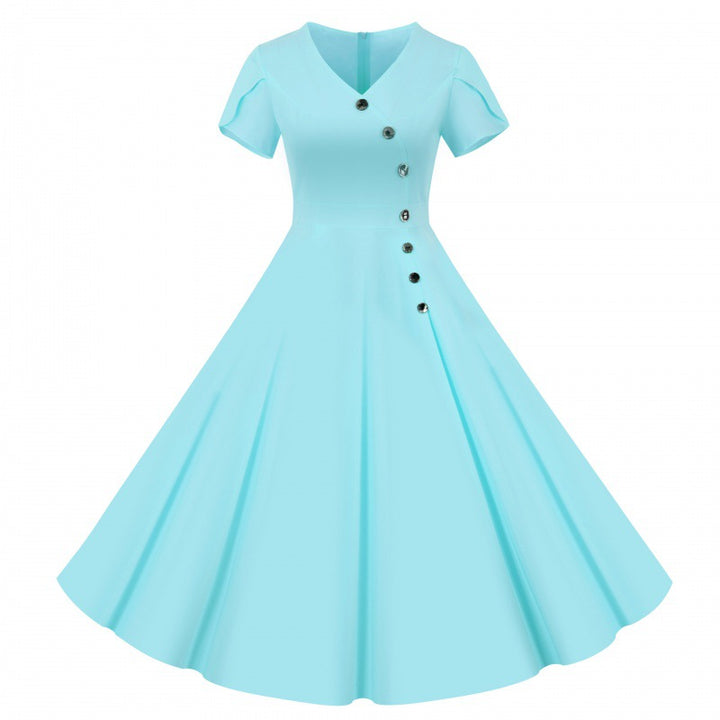 Damen Swingkleid mit knöpfbarem V-Ausschnitt und weit schwingendem Rock Drune