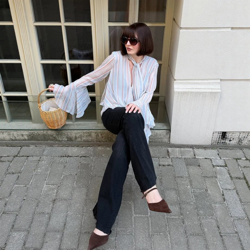 Damen Gestreifte Chiffon-Bluse mit Bindeschleife, Volant-Saum & Glockenärmeln Drune