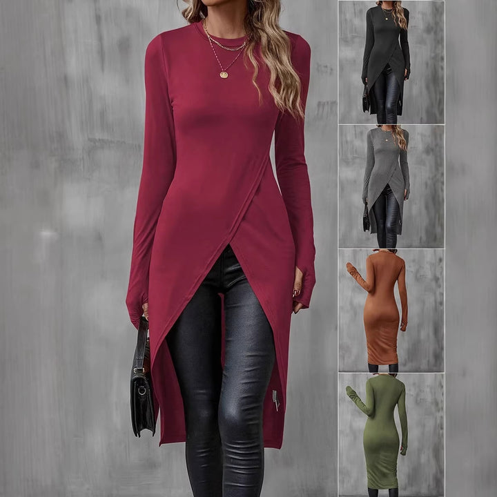 Damen Langes asymmetrisches Wickel-Tunika-Top mit Frontschlitz Drune