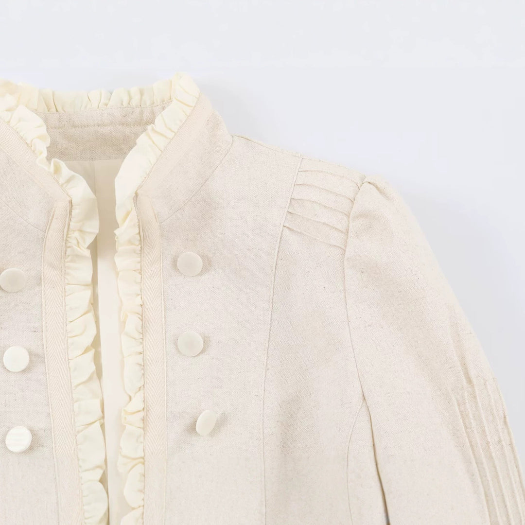 Damen Cropped Jacke mit taillierter Silhouette, Stehkragen und Rüschenblende Drune