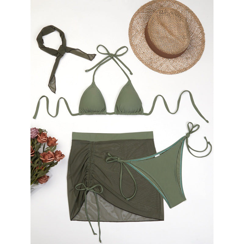 Damen Triangelbikini-Set mit transparentem Überrock und modischem Stirnband Drune