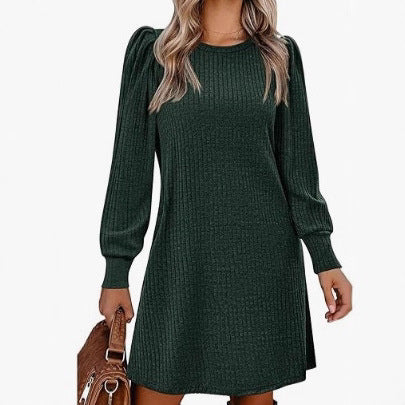 Damen nan gestricktes A-Linien Strickkleid mit Puffärmeln Drune