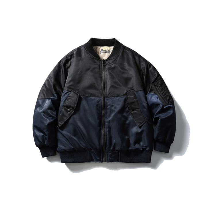 Unisex Kurz geschnittene zweifarbige Nylon‑Bomberjacke mit Utility‑Klappentaschen und Ärmel‑Zipper Drune