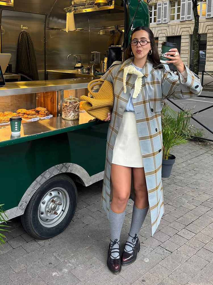 Damen langer kariierter Mantel im Trenchcoat-Stil mit doppelter Knopfleiste Drune