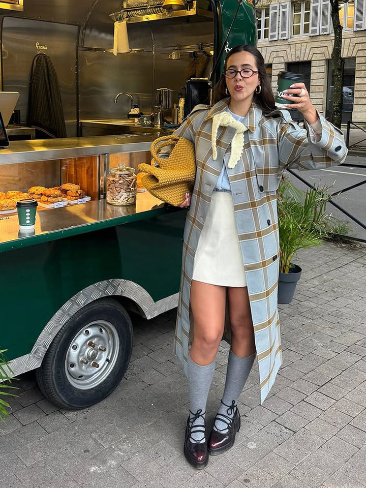 Damen langer kariierter Mantel im Trenchcoat-Stil mit doppelter Knopfleiste Drune