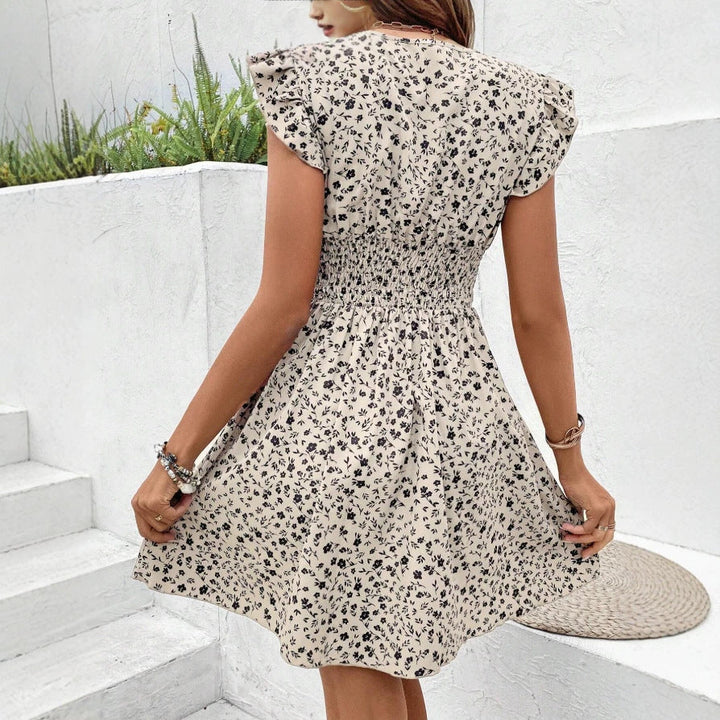 Damen Minikleid mit floralem V-Ausschnitt und Rüschendetails Drune