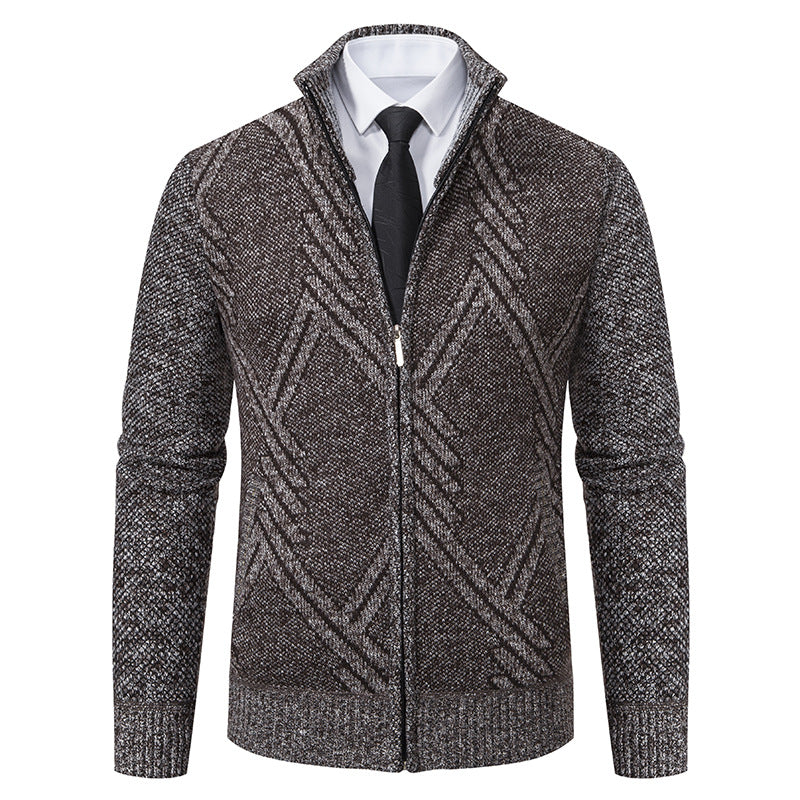 Herren Grobgestrickte Zip‑Strickjacke mit Stehkragen und geometrischem Strukturmuster Drune