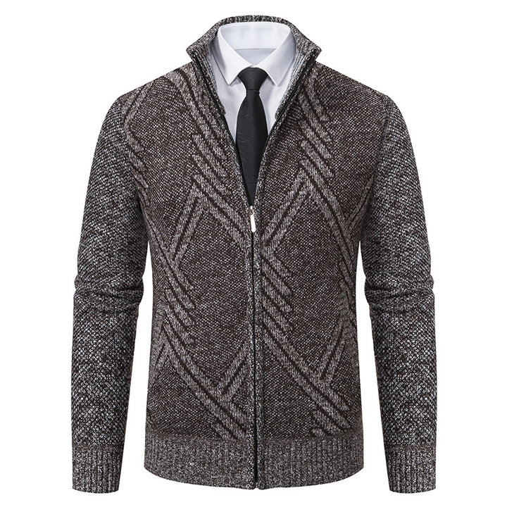 Herren Grobgestrickte Zip‑Strickjacke mit Stehkragen und geometrischem Strukturmuster Drune