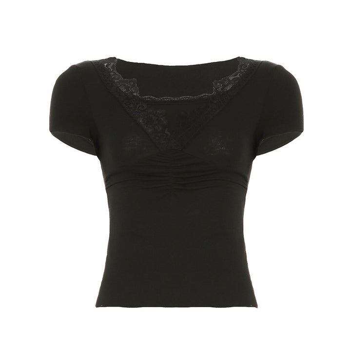 Damen elegantes Spitzenoberteil mit ruched Design und V-Ausschnitt Drune