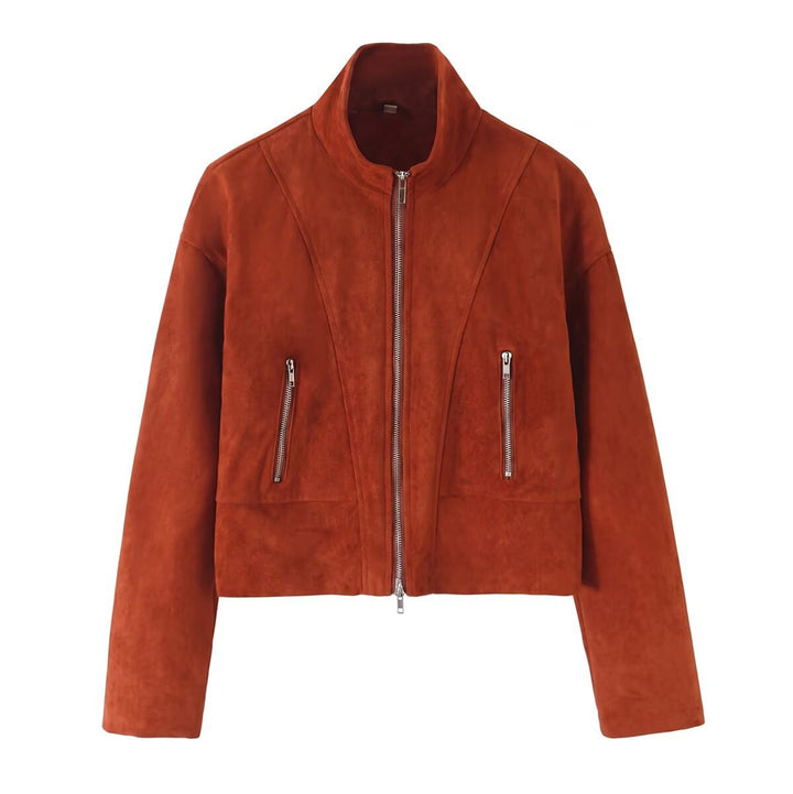 Damen Kurzjacke im Boxy-Cropped-Schnitt aus Velourslederoptik mit Stehkragen und Metallreißverschlüssen Drune