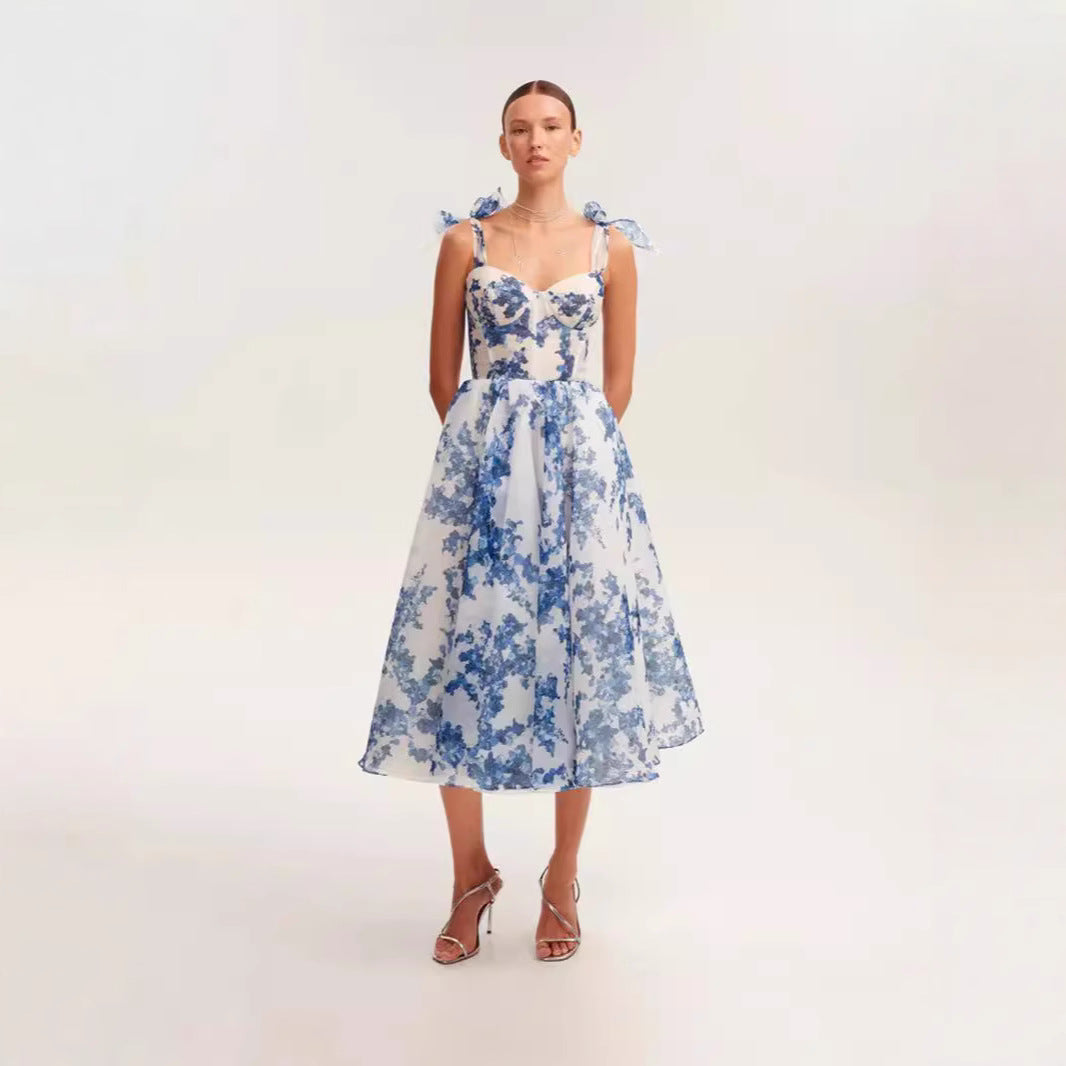 Damen Midi-Kleid mit floralem Druck und verstellbaren Trägern Drune