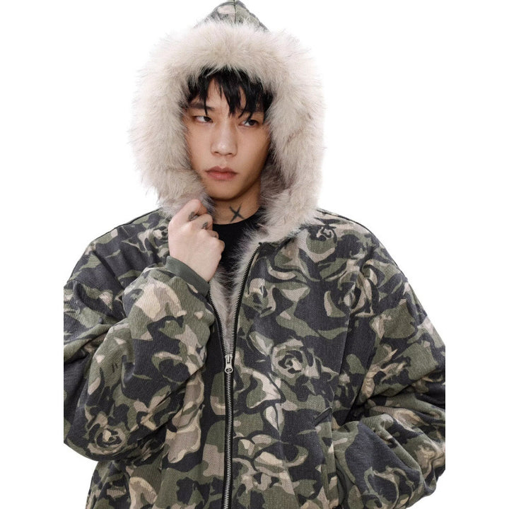 Herren Warmer gefütterter Camouflage-Bomber mit Kapuze und Kunstfellbesatz Drune