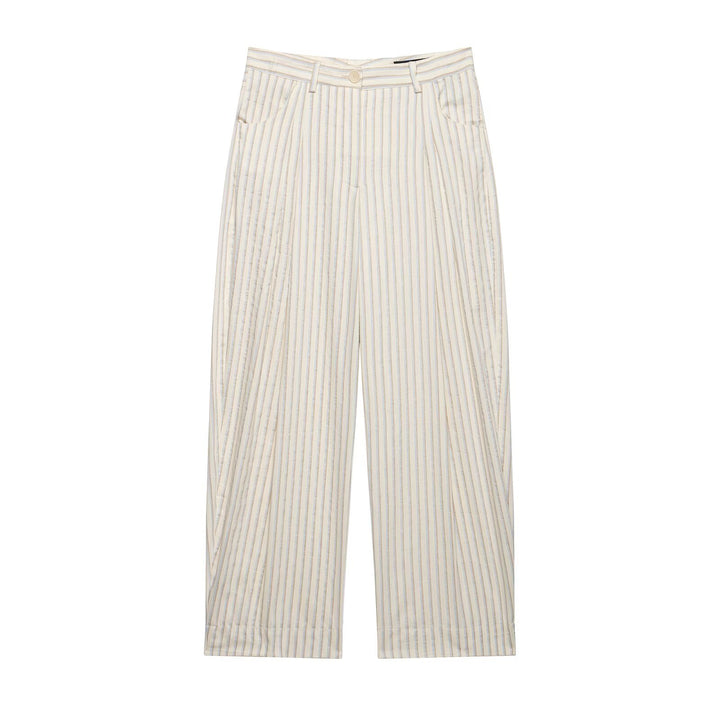 Damen Weite High‑Waist‑Hose aus leichter Baumwollmischung mit feinem Nadelstreifen und Bundfalten Drune