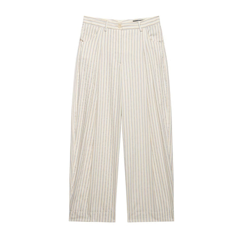 Damen Weite High‑Waist‑Hose aus leichter Baumwollmischung mit feinem Nadelstreifen und Bundfalten Drune