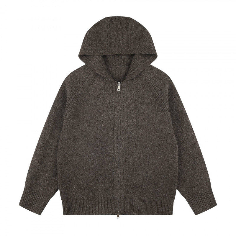 Unisex Weitgeschnittener Kapuzenstrickcardigan mit durchgehendem Reißverschluss und Raglanärmeln Drune
