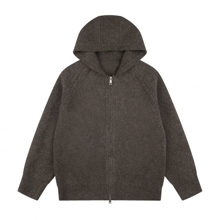 Unisex Weitgeschnittener Kapuzenstrickcardigan mit durchgehendem Reißverschluss und Raglanärmeln Drune