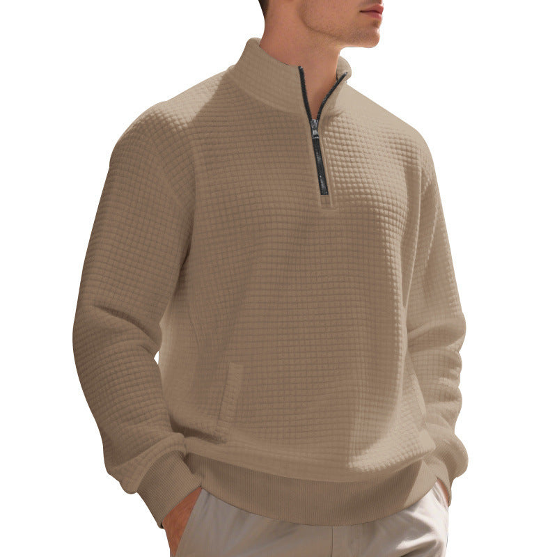 Herren Waffelstrick-Halbzip-Pullover mit Stehkragen, Kängurutasche & gerippten Abschlüssen Drune
