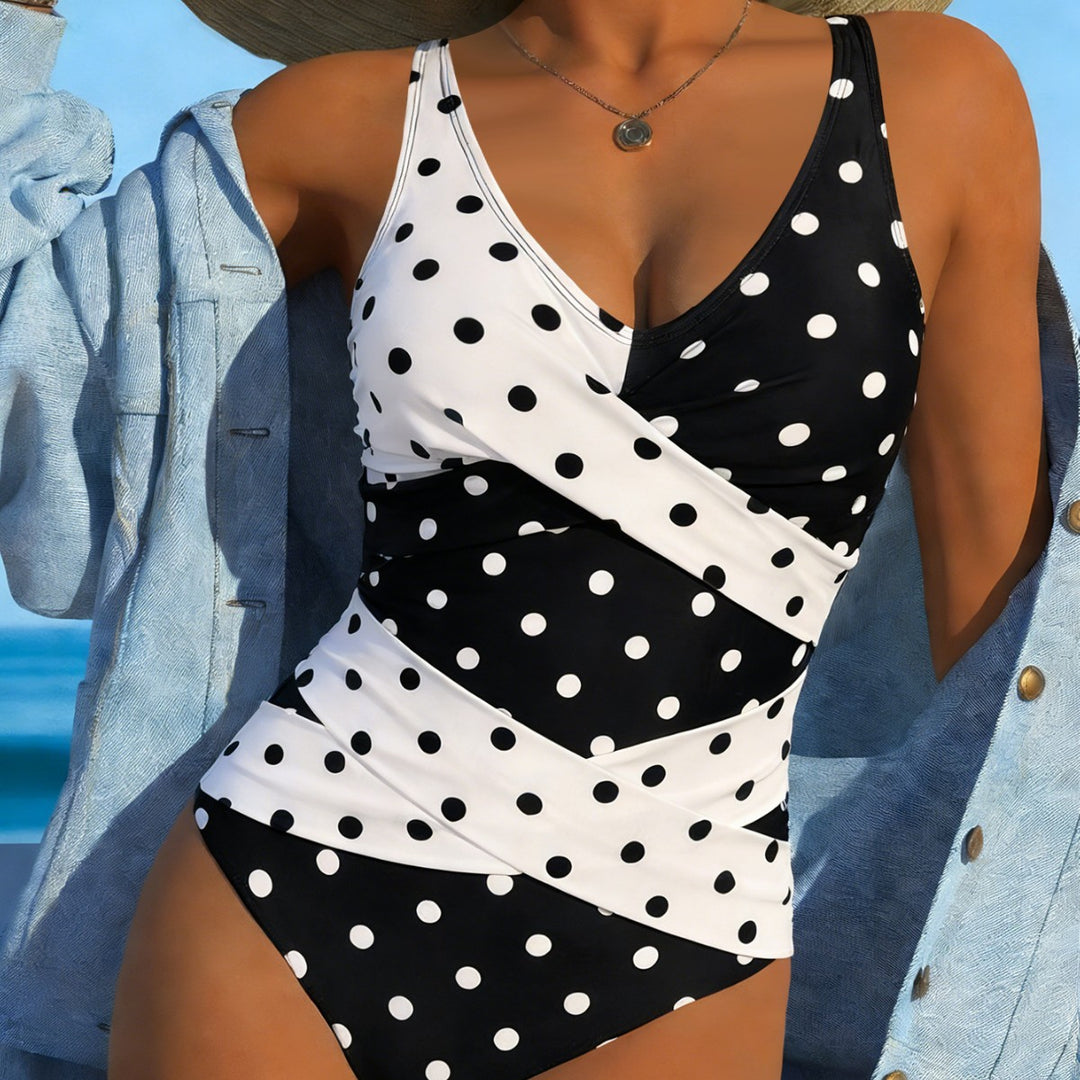 Damen Einteiliger Badeanzug mit geschmeidigem Rippmaterial und modernen Punkten Drune
