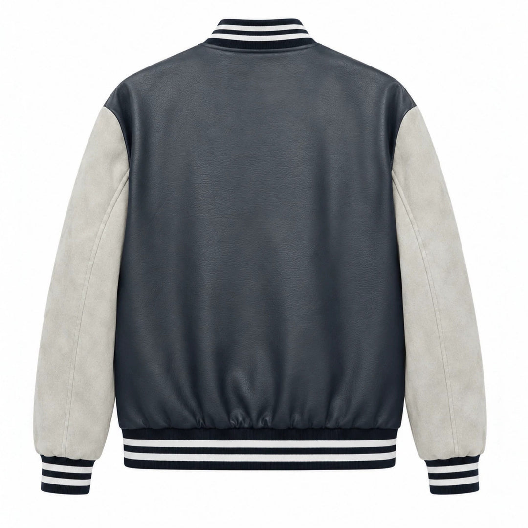 Herren Varsity-Bomberjacke im Retro-College-Stil mit Kunstlederkörper und Kontrastärmeln Drune