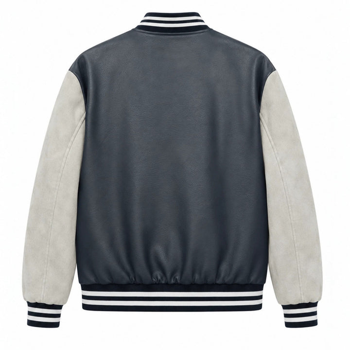 Herren Varsity-Bomberjacke im Retro-College-Stil mit Kunstlederkörper und Kontrastärmeln Drune